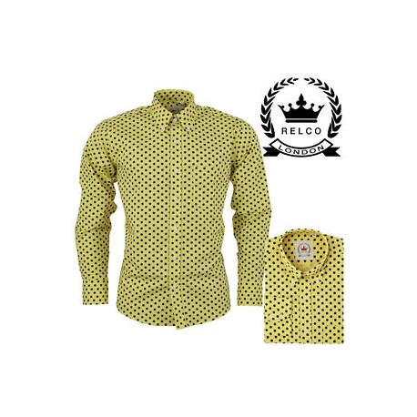 RELCO Mens Long Sleeve Polka Dot Print Shirt - MUSTARD