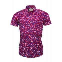 RELCO Short Sleeve Button-Down - BURGUNDY with Blue and white polka dots