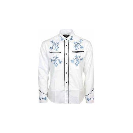 Rockabilly Long Sleeved Shirt - WHITE With Blue Flower Embroidery