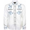 Rockabilly Long Sleeved Shirt - WHITE With Blue Flower Embroidery