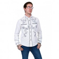 Rockabilly Long Sleeved Shirt - WHITE With Black Detail Embroidery