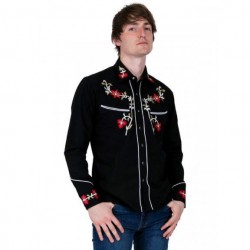 Rockabilly Long Sleeved Shirt - BLACK With Red Flower Embroidery